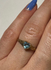 Vintage 9k Yellow Gold Hallmarked Blue Topaz Heart Solitaire Size 7.25 Ring G3