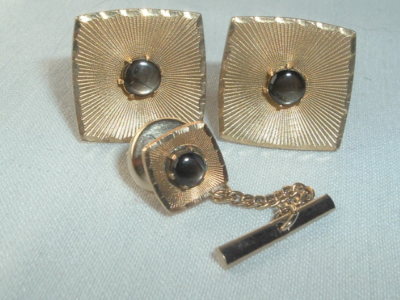 VINTAGE ANSON 12K GOLD FILLED GRAY ACCENT CUFF LINKS & TIE TACK