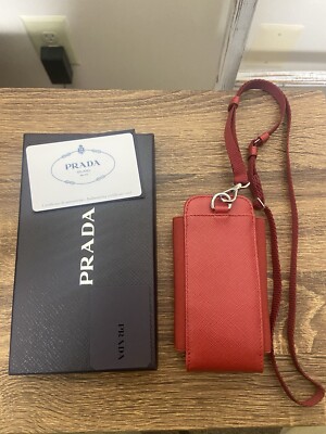 Prada Red Saffiano Cigarette Phone Pouch Lanyard Multi Case