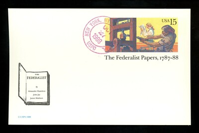 US FDC #UX126 None 1988 New York NY Madison Federalist Papers Card  Unofficial