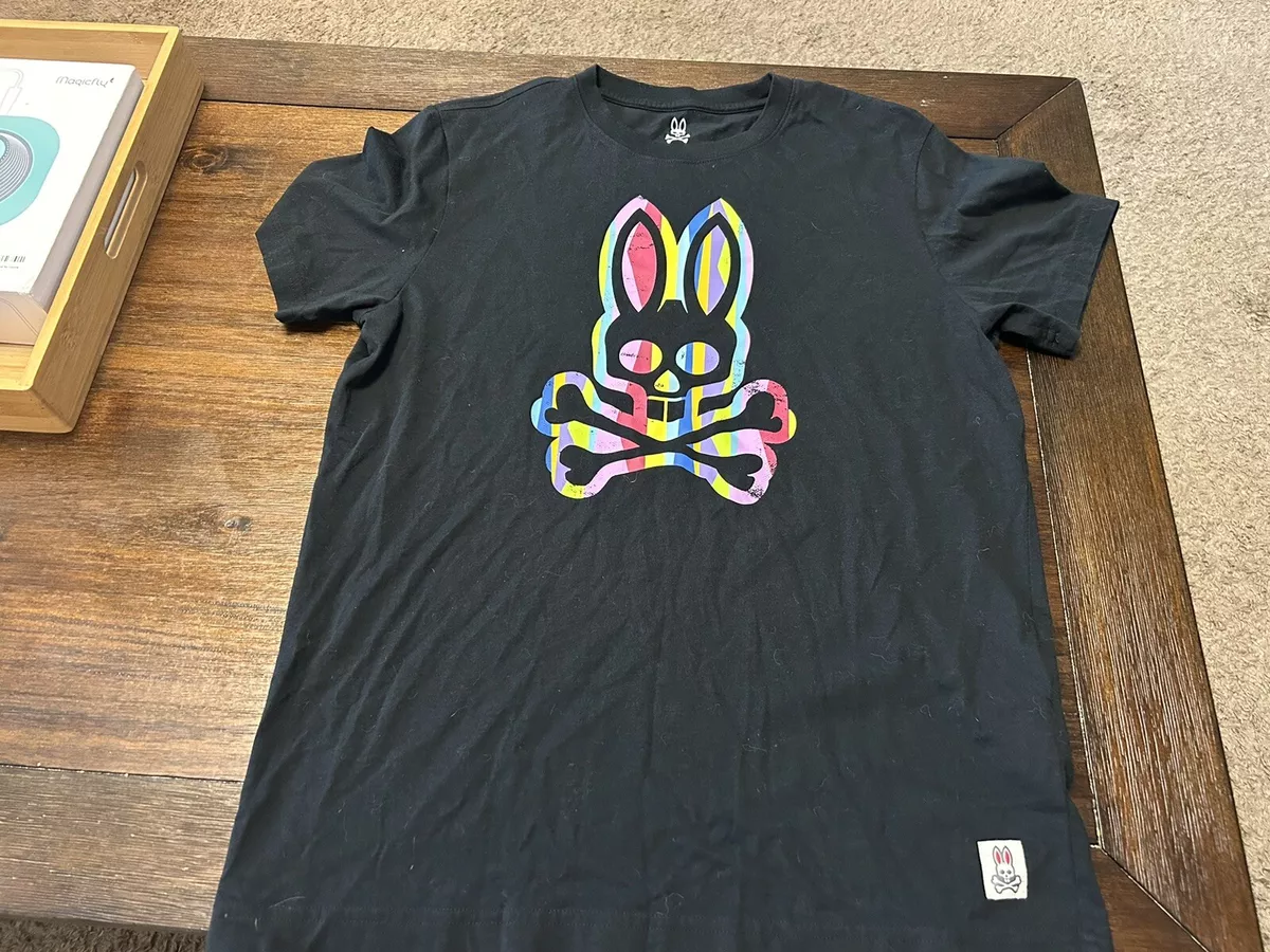 Psycho Bunny Mens Black T-Shirt Rainbow Bunny Logo 100% Cotton Peru Size 4