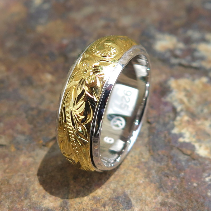 Hawaiian Silver Gold Plated Spinning Scroll Flower Wedding Ring