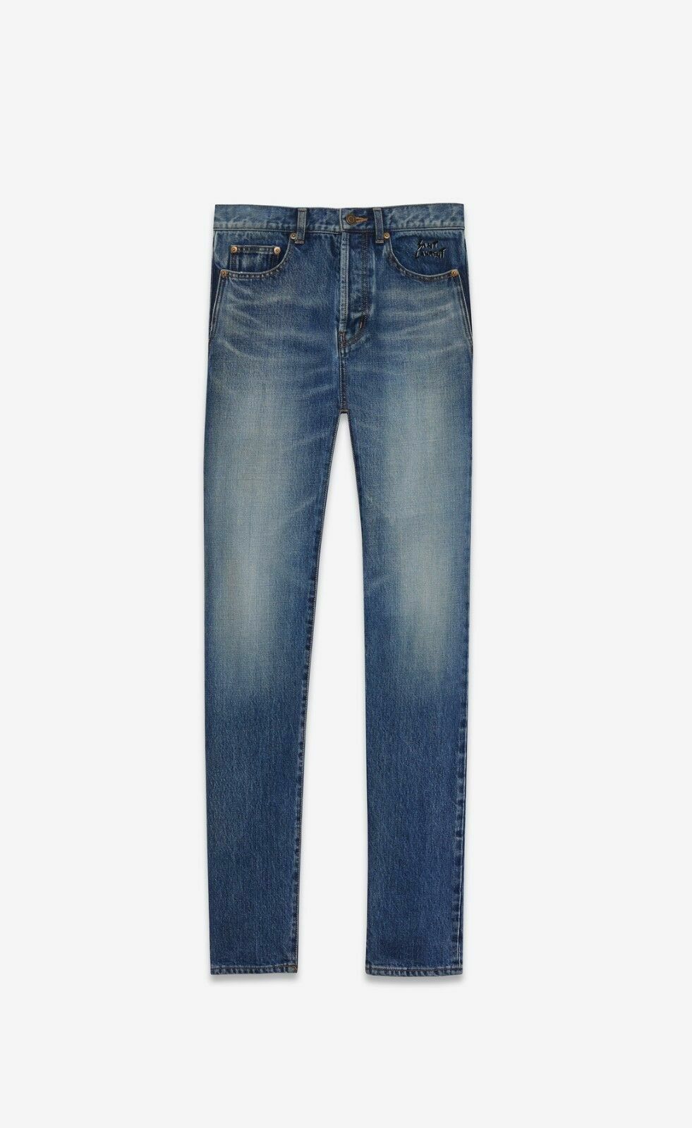 SAINT LAURENT PARIS JEANS SLIM RICAMATO VITA BASSA VINTAGE BLU DENIM TG 31