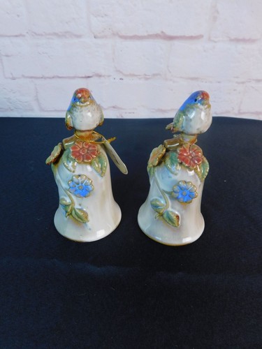 Set campane uccellino ceramica dipinte a mano vintage decoro floreale smaltato coppia 5,5" - Foto 5 di 12
