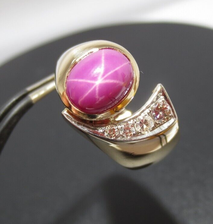 STUNNING 14K YG MEN'S RED STAR RUBY DIAMOND RING SZ