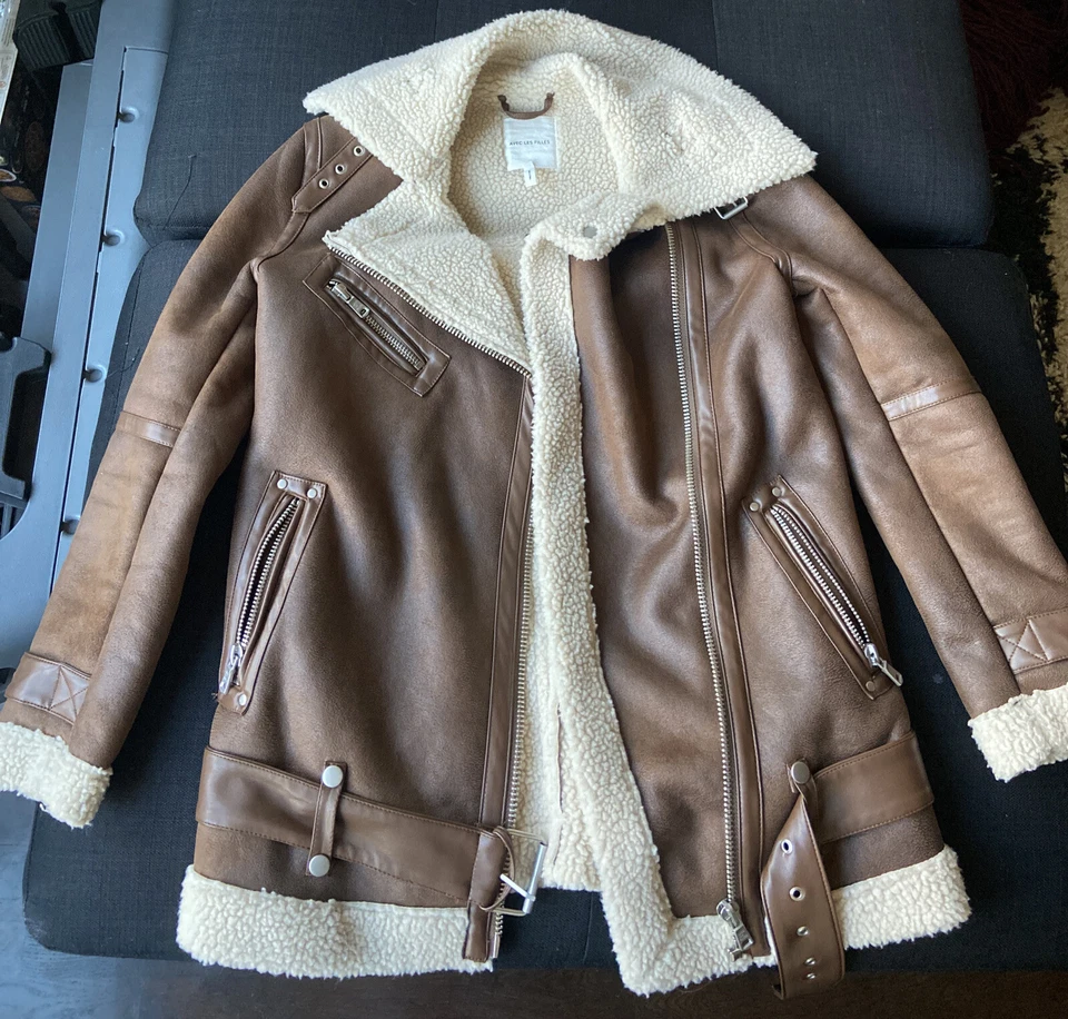 Chaqueta de moto Avec Les Filles de gran tamaño imitación piel de oveja - marrón y crema - XS