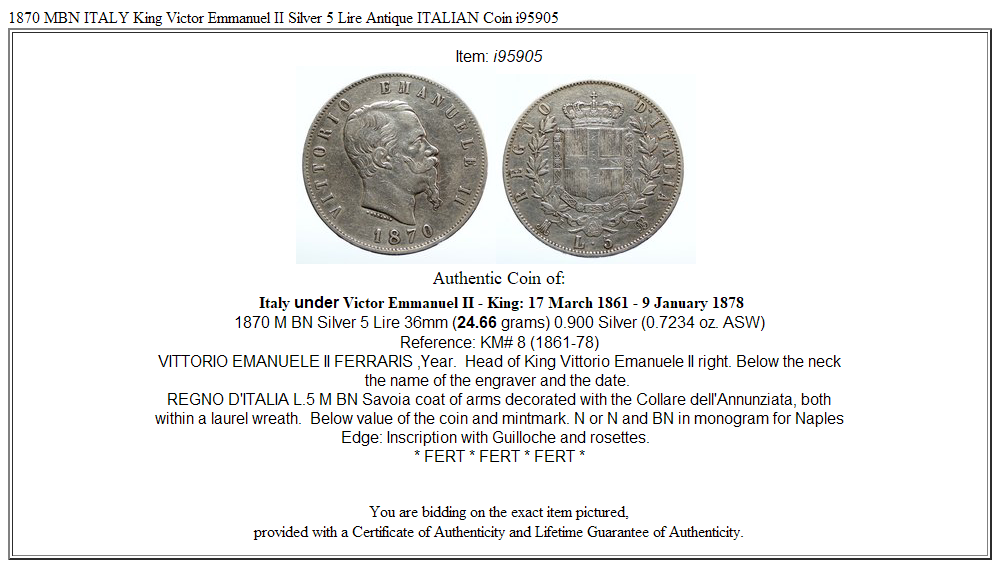 1870 MBN ITALY King Victor Emmanuel II Silver 5 Lire Antique
