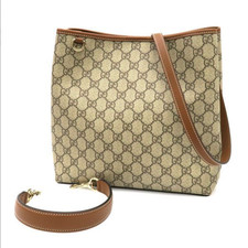 GUCCI GG Emblem Borsa a secchiello media 815103 beige pelle marrone scuro mar...