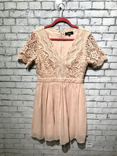 Lulus, Women M, Blush Pink Sheer Chiffon/Crochet Lace Short Sleeve Mini Dress