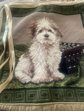 Needlepoint Pillow Chair Cushion Cover Small White Dog Brown Wool New 18”