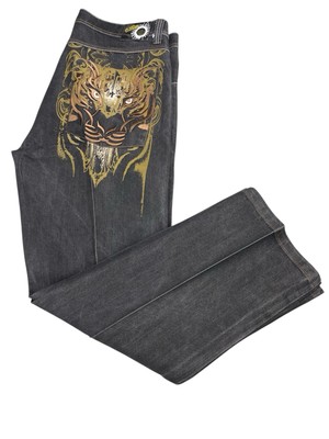 Exa Jeans Men 38x31 Black Unlimited Tigers Y2K Grunge Hippie Embroidered READ !