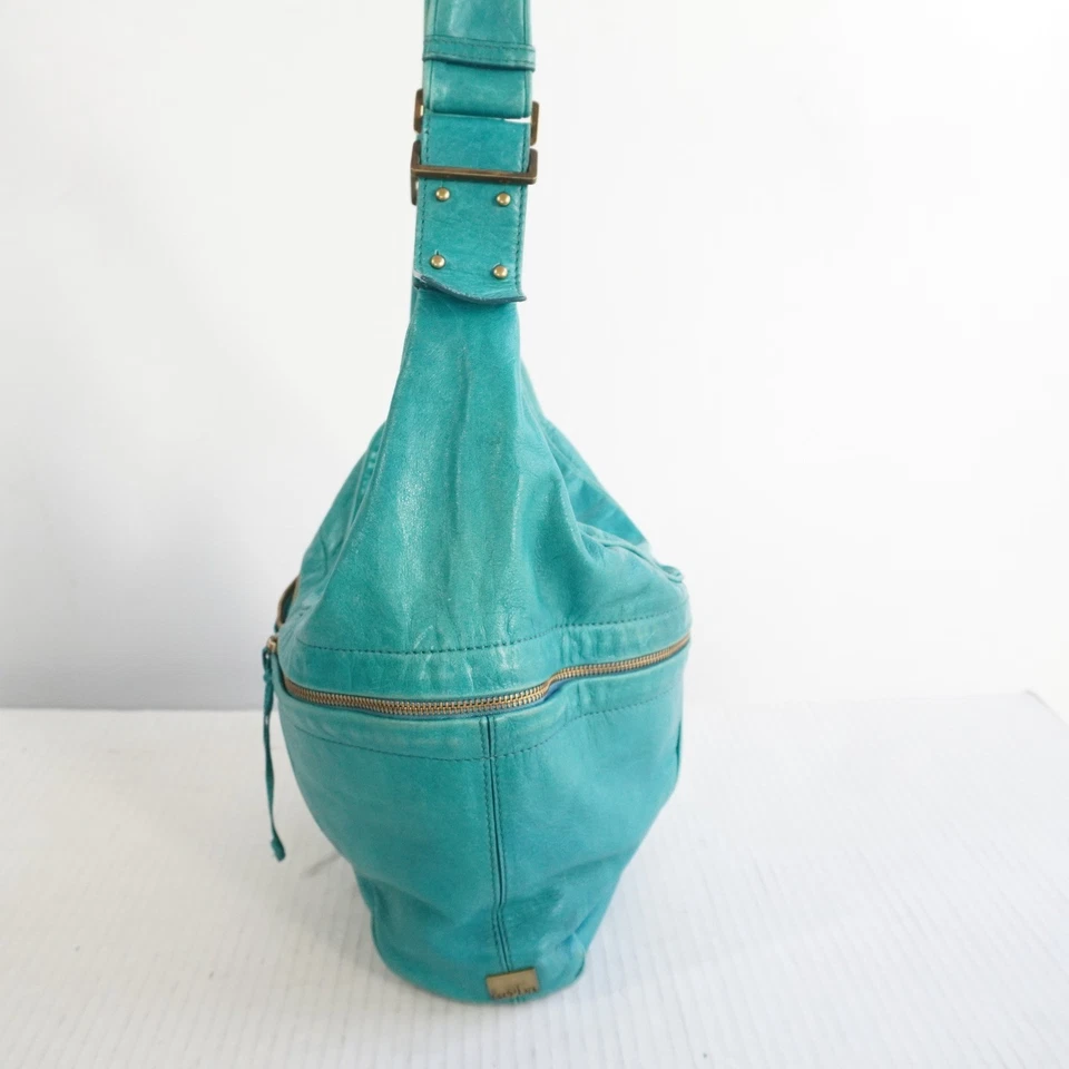 Kooba Teal Leather Hobo Shoulder Bag Large Distressed Brass Hardware y2K Slouch - Image 2 of 4