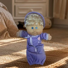 2004 Play Along Cabbage Patch Doll Baby Blonde Hair Purple One Piece Outfit