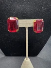 Vintage Signed Miriam Haskell Red Rhinestone Earrings Clip On Gold Tone