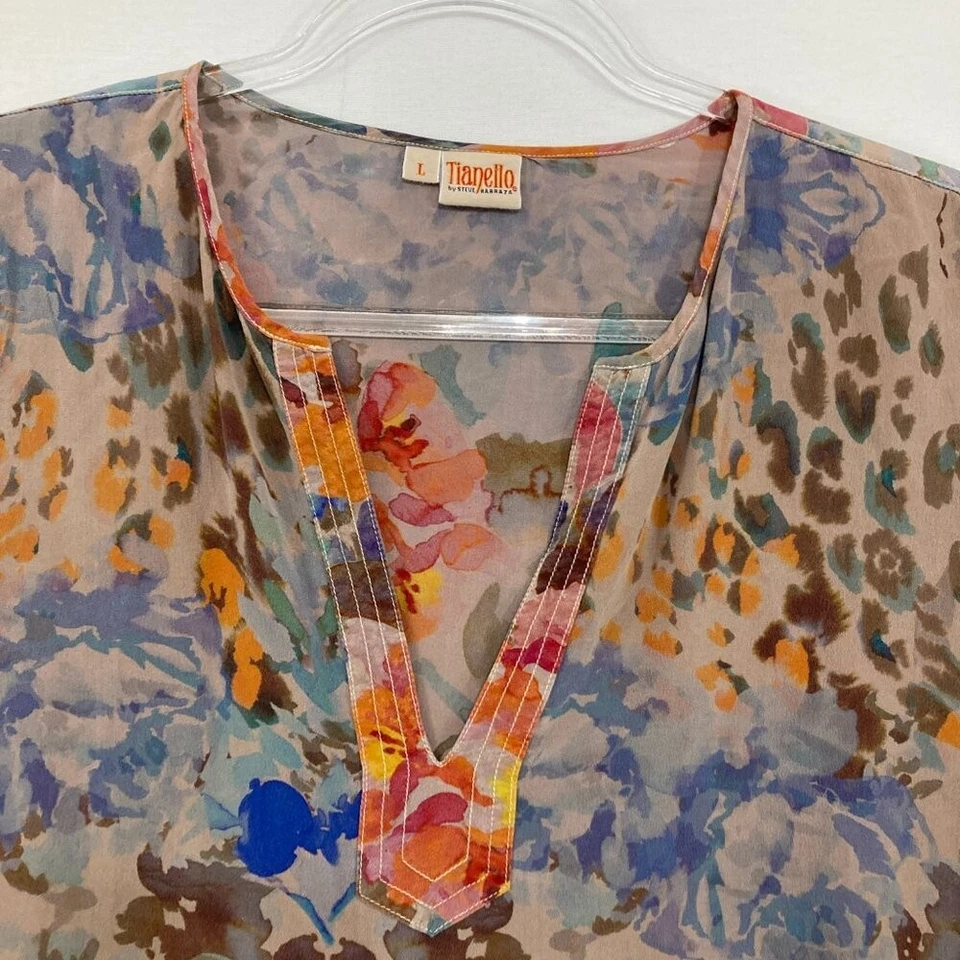 Tianello Large Floral Abstract Split Neck Soft Flowy Artsy Poncho Kaftan - Image 2 of 4