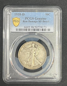 1938 D 50c Walking Liberty Pcgs Rim Damage - Xf Detail