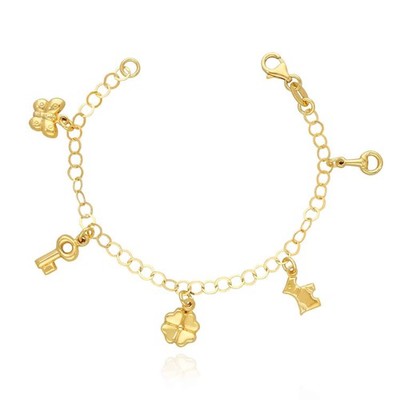 Kids Yellow Gold Over Sterling Silver Cable Butterfly Key Dog Clover Leaf Rattle