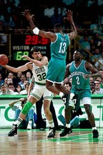 Kevin McHale Boston Celtics looks to pass v Kendall Gill and Larry- Old Photo