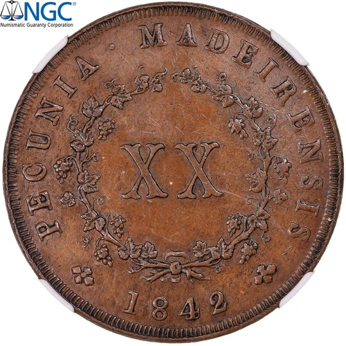 [#1067707] MADEIRA EILANDEN, Maria II, 20 Reis, 1842, Lisbon, Koper, NGC, AU58BN