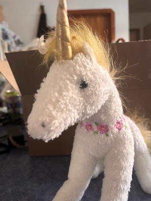 Douglas White Unicorn Plush Stuffed Animal Gold Horn Yellow Mane Pink Collar