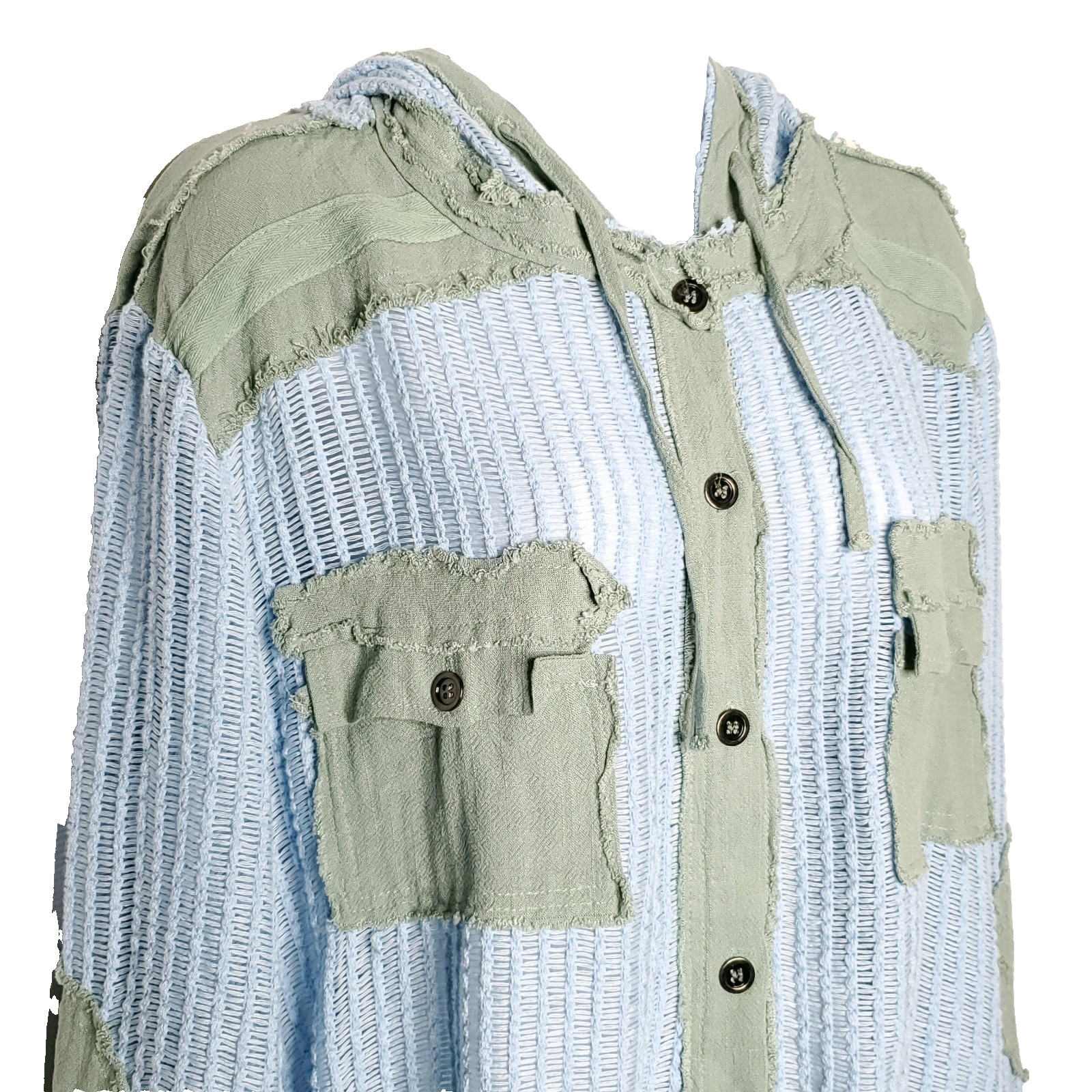 POL Open Knit Crochet Patchwork Jacket M Blue Gre… - image 2