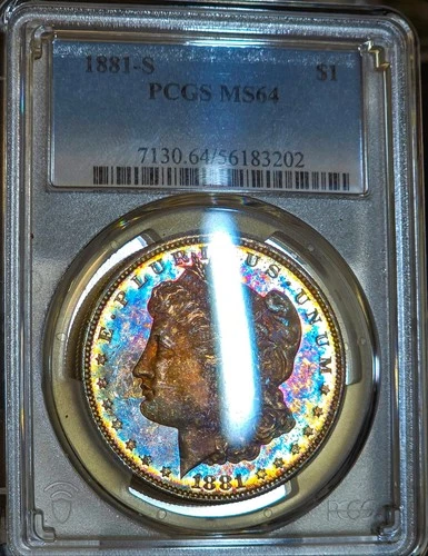 1881-S Morgan Silver Dollar PCGS MS64 Rainbow Target Toned Coin Luster $1 US PQ