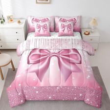 Kids Pink Bowknot 7 Pieces Bedding Set Twin Size, Dreamy Princess Comforter S...