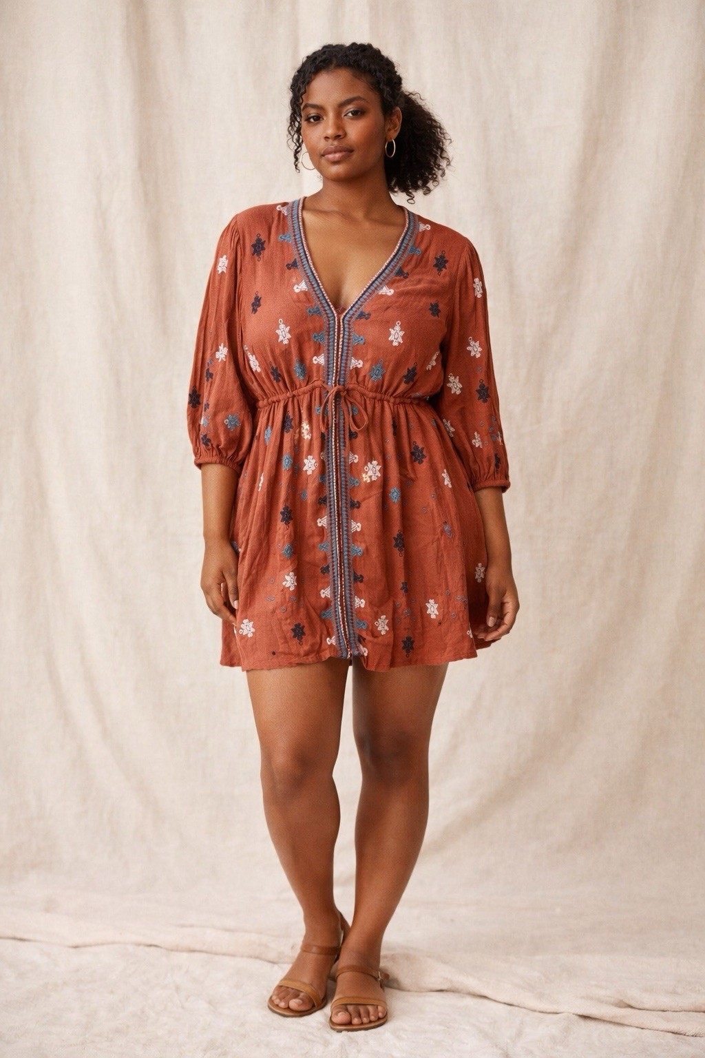Free People Rust Embroidered Boho Mini Dress XS Long Sleeve
