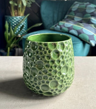 GREEN Round BUBBLY Patterned POT | Stunning Ceramic Planter | Cracked Gloss