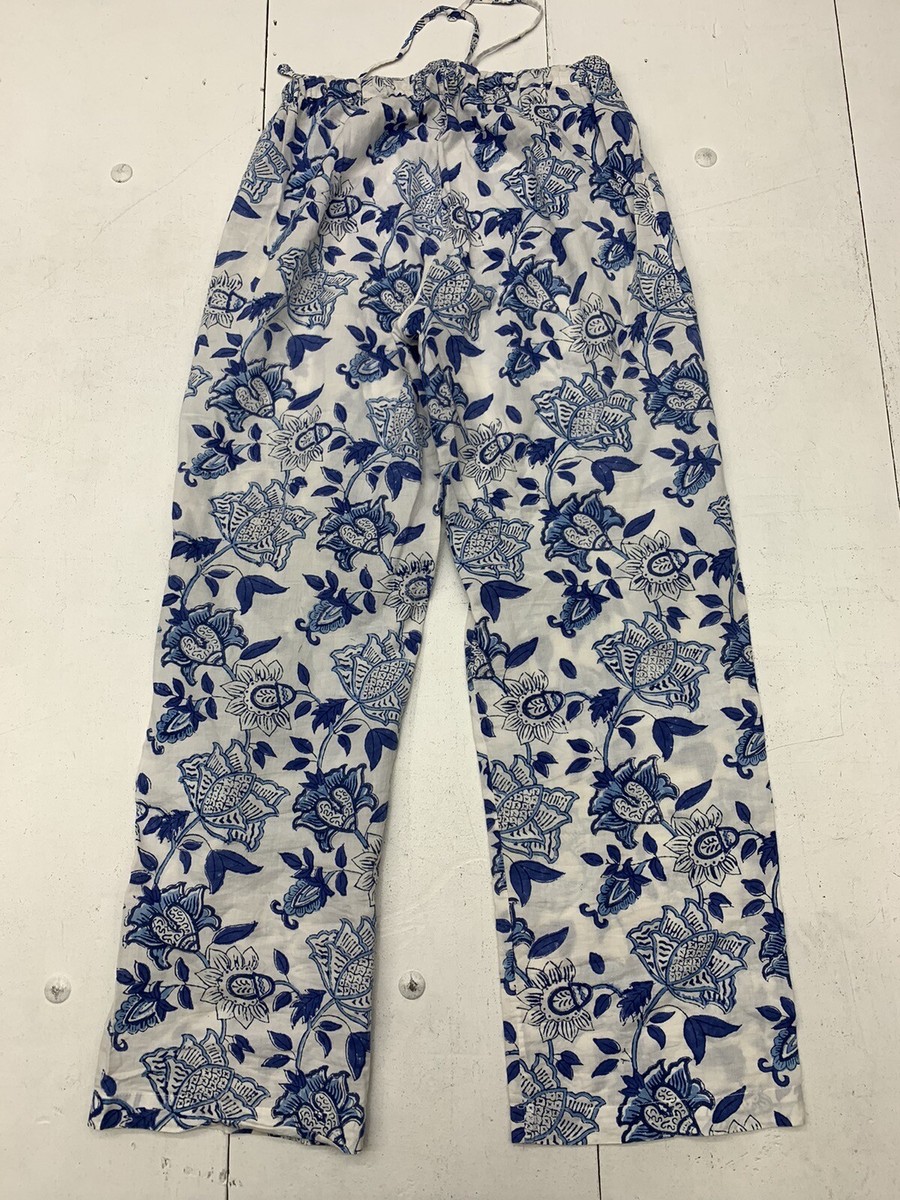 ANOKHI アノーキパンツ Anokhi Womens White Blue Floral Print Drawstring Pants Size