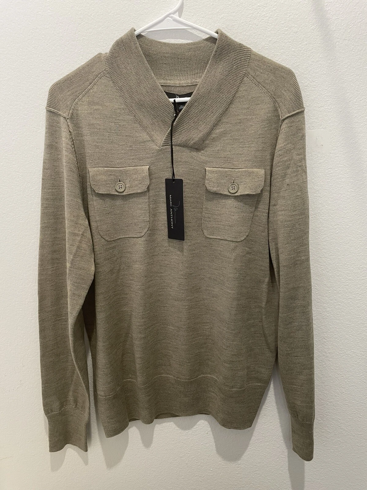 NWT Marc Anthony Sweater Mens Medium 50% Wool Long Sleeve Pullover Pockets Brown