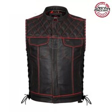Men's Black Leather Vest Diamond Side Laces Motorcycle RED Concealed Waistcoat