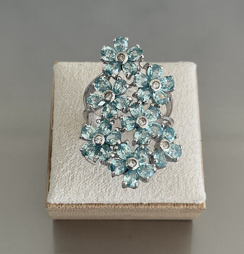 Cambodian Blue Zircon Floral Ring 7.80 CTW 925 Silver Platinum Plated Size 7