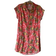 Old Navy Coral Linen Blend Pineapple Tropical Shirt Shift Dress Medium Vacation 