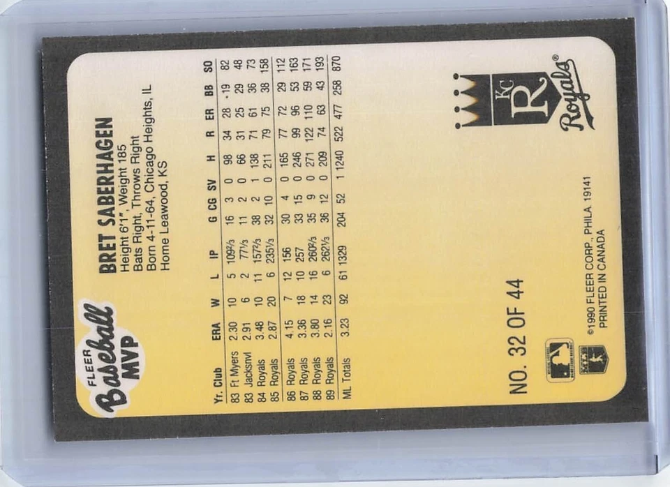 1990 Fleer Baseball MVP - #32 Bret Saberhagen - Image 2 of 2