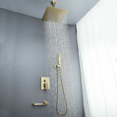 Brushed Gold Bathroom Shower Set 10'' Rainfall Shower Head Faucet Wall Mount Taps