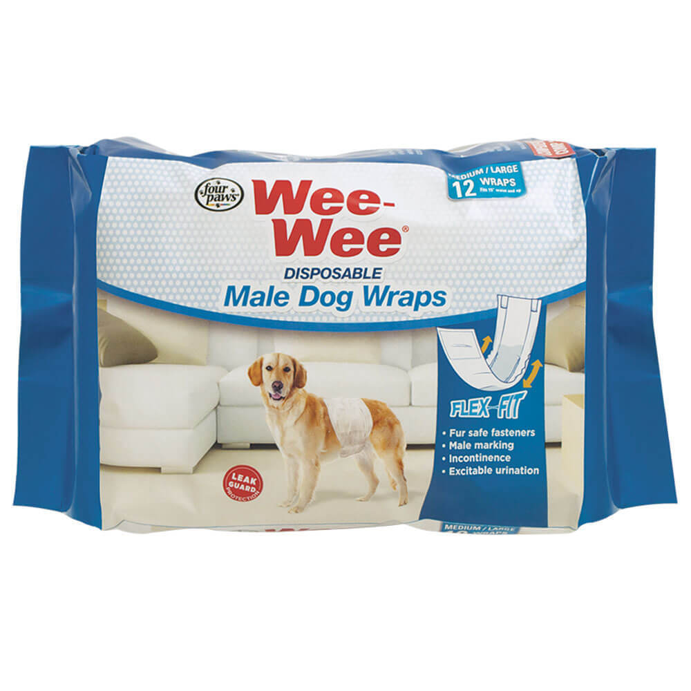 Four Paws Wee-Wee Disposable Male Dog Wraps 12/c Medium / White 100523614