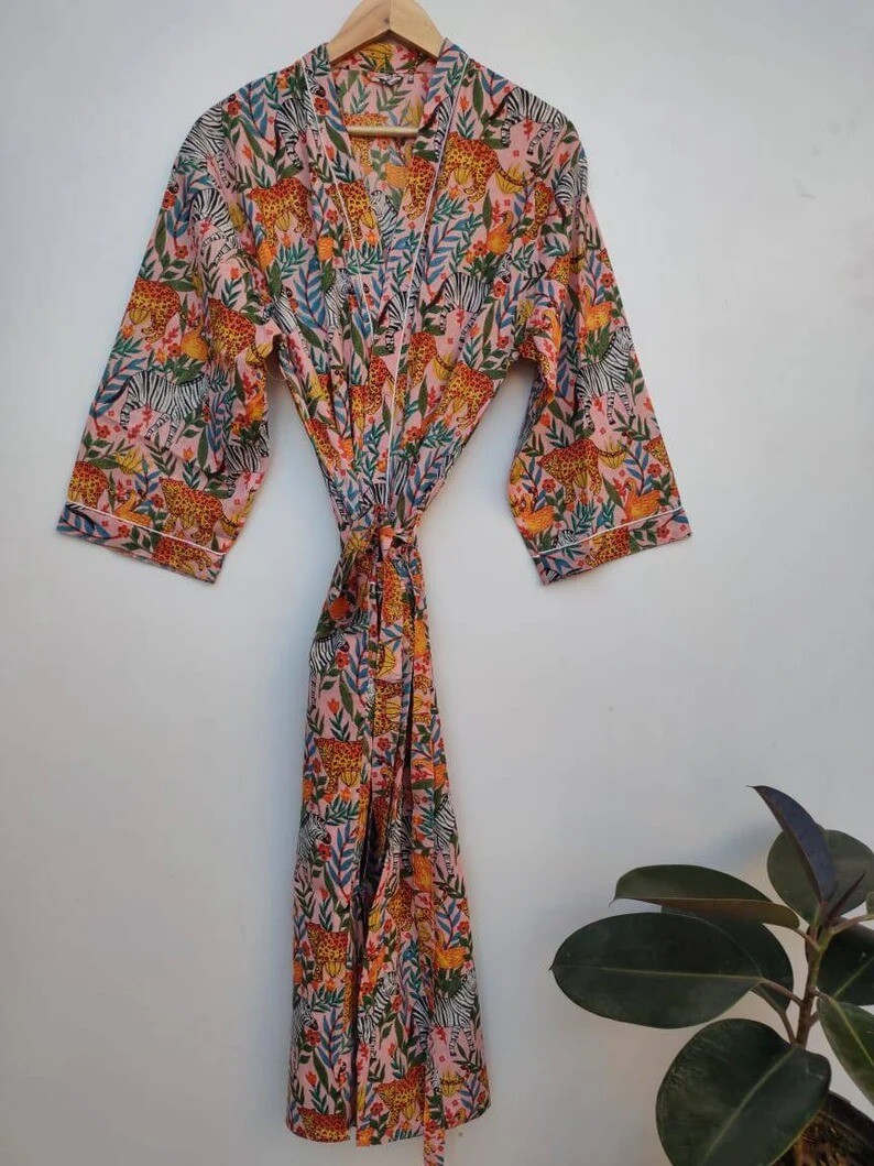 cotton kimono dressing gown uk Hand Block Printed Kimono Dressing Gown Robe