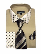 Men's Fashion Polka Dot French cuff Dress Shirt W/ Matched Tie Hanky Khaki FL630