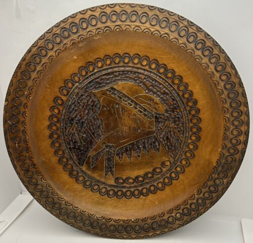 Hand Carved Wooden Wall Hanging Plate With Copper Inlay 9.5” Diameter - Picture 1 of 3