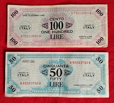 100 Lire &50 Lire (Ink Split In Back)Allied Military Currency Italy Series 1943 