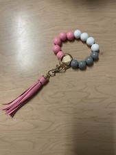 Pink, Grey  White Wooden Beaded Wristlet Keychain With Tassel