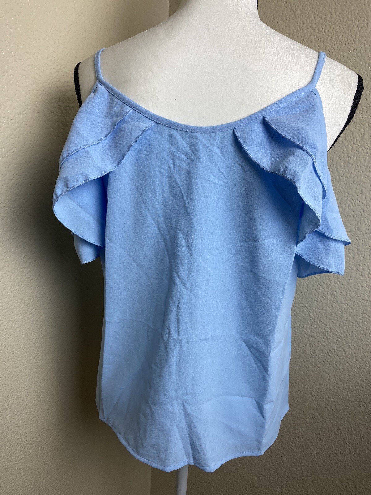 Cold Shoulder Solid Ruffle Trim Blouse Color Blue… - image 2