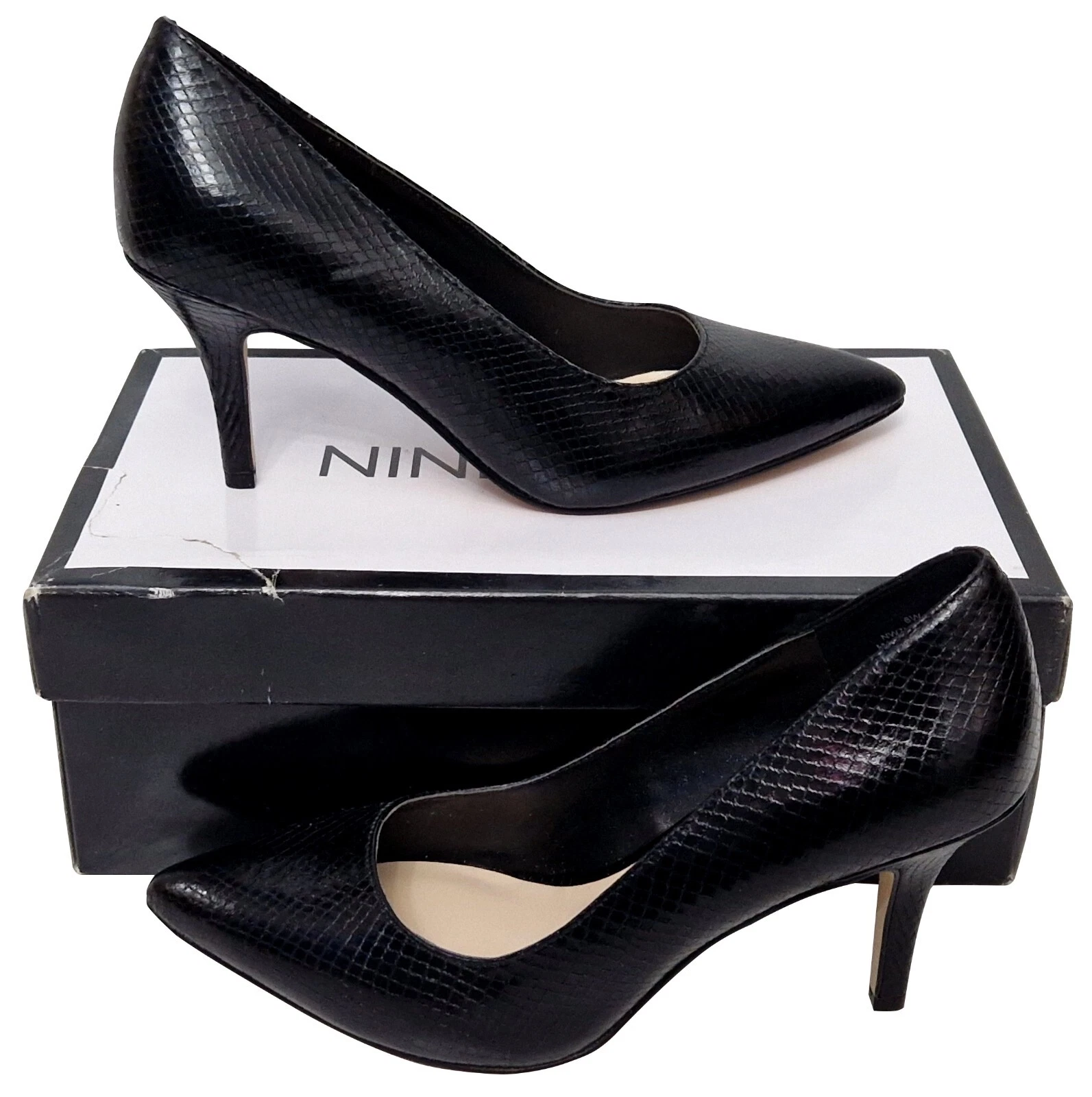 NINE WEST Flagship Ladies Black Snake 7.5 cm Heel Shoes Stiletto UK 4 MRRP £89