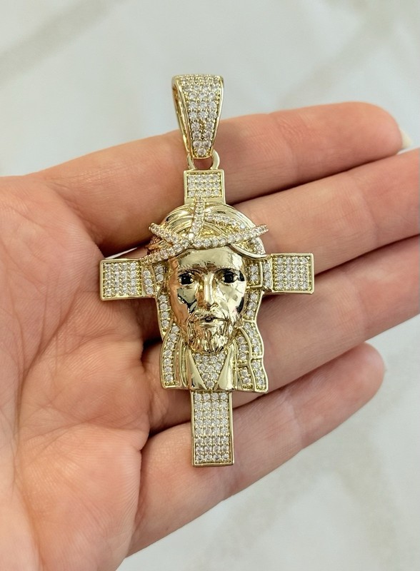 14k Gold Plated Jesus Body Cross Pendant Iced Crucifix Medium Charm - Product main view