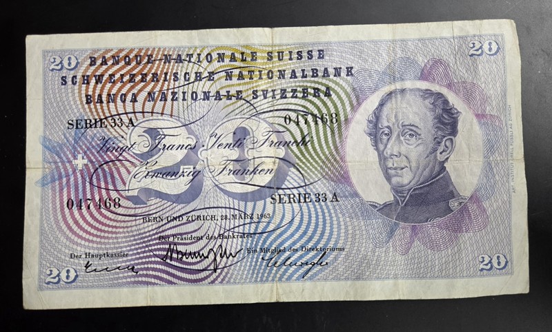 1963 Switzerland 20 Francs Banknote