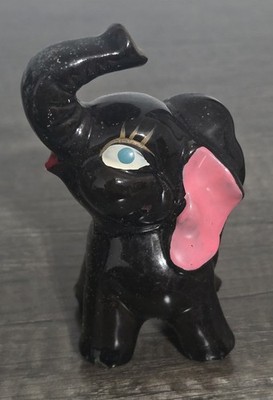 Vintage Hand-Painted Ceramic Black Elephant From Japan 1950s