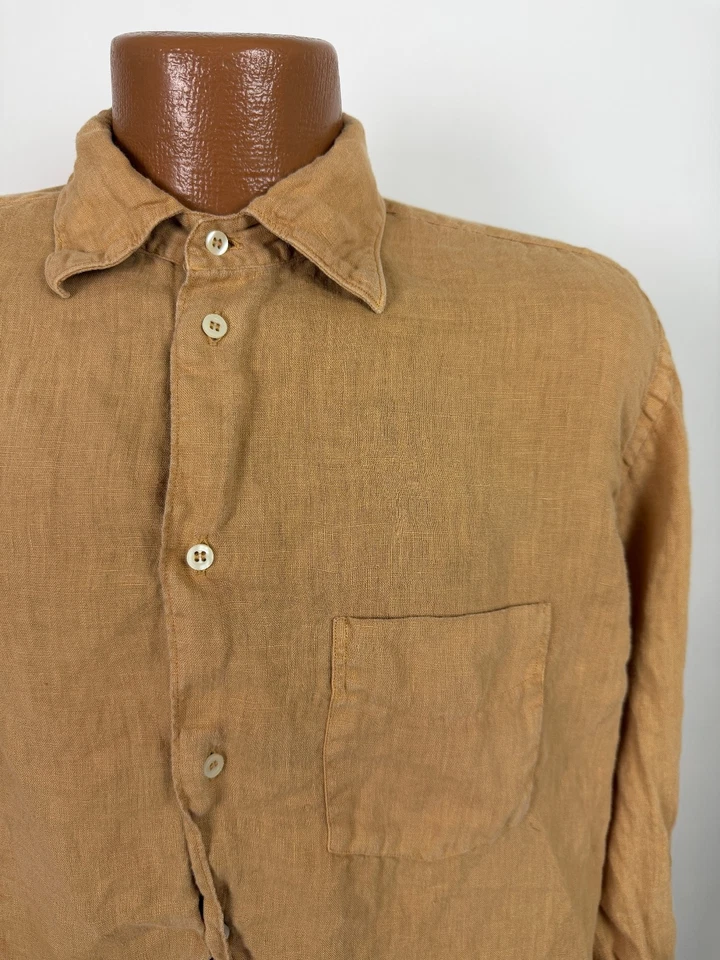 Винтажная льняная рубашка мужская большая желтовато-коричневая минимальная на пуговицах курортная повседневная опрятная Италия - Изображение 2 из 4