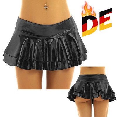DE Damen Glänzend Kurzer Rock in Lack Leder Optik Sexy Rüschen Low Rise Minirock