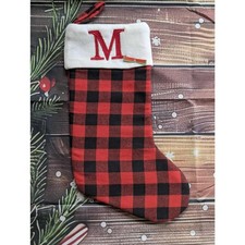 NEW Red Black Buffalo Plaid Embroidered Letter "M" Christmas Stocking Holiday